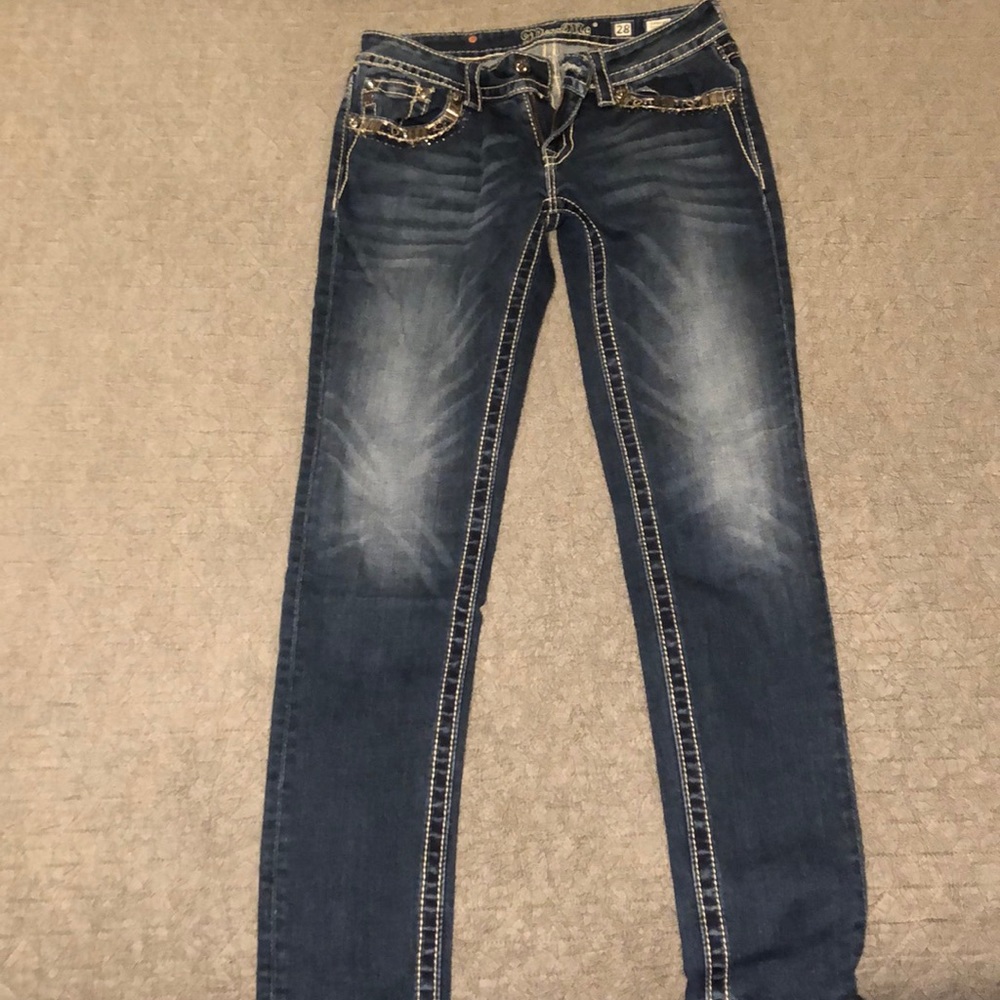 Miss Me Womens Skinny Jeans - Dark Blue with Faded Wash